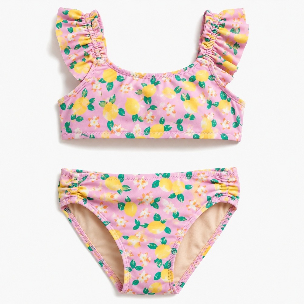 Crewcuts Girls Pink Lemon Print Ruffle 2-Piece Bikini Swimsuit BX178 Size 2